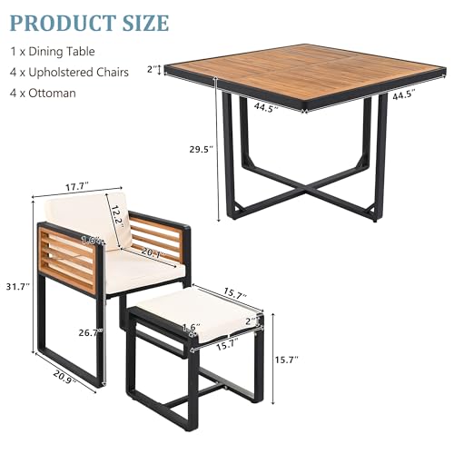 Merax 18 Pieces Outdoor Dining Set for 16 People, Acacia Wood Patio Furniture Sets with 2 Square Tables, 8 Cushioned Chairs and 8 Ottomans for Backyard, Garden, Lawn, Poolside, Beige