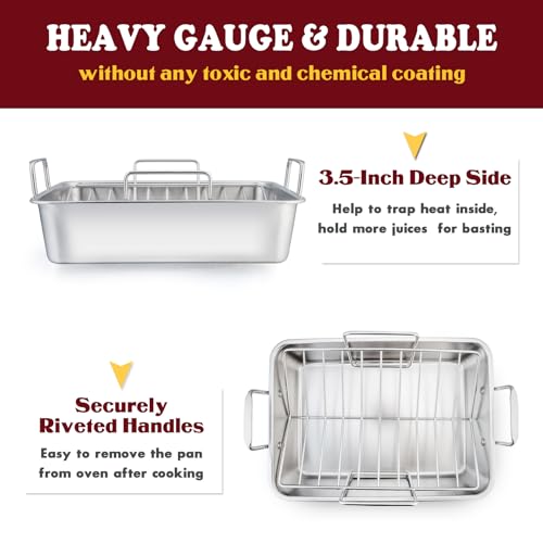 E-far 14 x 10.6 Inch Roasting Pan, Stainless Steel Turkey Roaster with V Rack & Baking Rack Set, Small Heavy Duty Deep Broiling Pan for Oven Cooking Lasagna Meat Chicken - Dishwasher Safe
