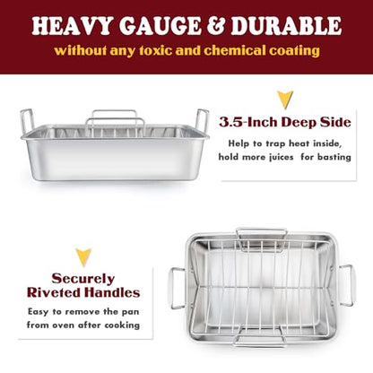 E-far 14 x 10.6 Inch Roasting Pan, Stainless Steel Turkey Roaster with V Rack & Baking Rack Set, Small Heavy Duty Deep Broiling Pan for Oven Cooking Lasagna Meat Chicken - Dishwasher Safe