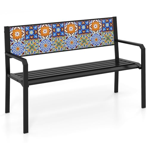 Tangkula 50" Metal Patio Park Bench, Modern Outdoor Classic Slatted Loveseat for 2-3 People with Curved Seat & Mosaic Backrest, Heavy-Duty Outdoor Seating for Backyard, Poolside, Porch