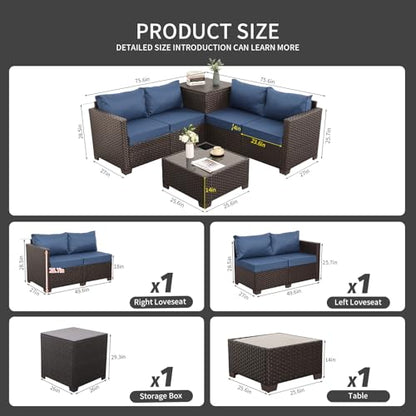WAROOM Patio Furniture Set 4 Piece Conversation Sets Brown Rattan Outdoor Couch Loveseat Wicker Sectional Sofa with Storage Box Glass Top Table, Navy Blue Cushion