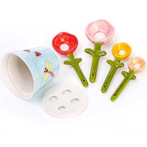 Coloch 5Pcs Ceramic Measuring Spoons and Cup, Flower Baking Scale Spoons with Base Set for Dry and Liquid Ingredient, 1/4 tsp, 1/2 tsp, 1 tsp, 1 Tbsp