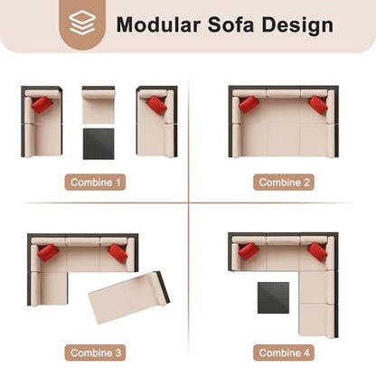 Shintenchi 6 Pieces Patio Furniture Sets Outdoor All-Weather Sectional Patio Sofa Set PE Rattan Manual Weaving Wicker Patio Conversation Set with Glass Table&Ottoman Cushion and Red Pillows, Beige
