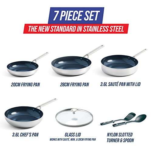 Blue Diamond 7-Piece Tri-Ply Stainless Steel Ceramic Nonstick Cookware Set, PFAS & PFOA-Free Pots and Pans, Multi Clad, Induction Compatible, Dishwasher & Oven Safe, Silver