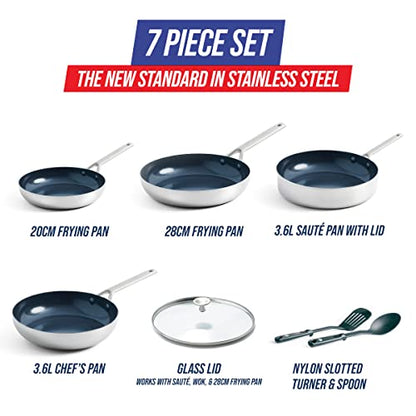 Blue Diamond 7-Piece Tri-Ply Stainless Steel Ceramic Nonstick Cookware Set, PFAS & PFOA-Free Pots and Pans, Multi Clad, Induction Compatible, Dishwasher & Oven Safe, Silver