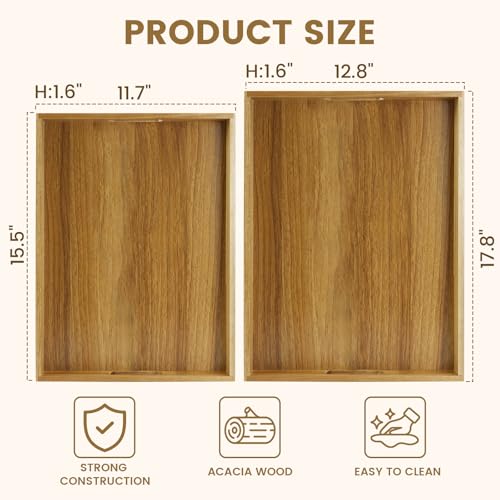 Serving Tray with Handles, Acacia Wood Serving Platters, Set of 2 Rustic Decorative Storage Tray for Coffee Table, Party, Ottoman, Kitchen, Bedroom, Bathroom, Ideal Housewarming Gift