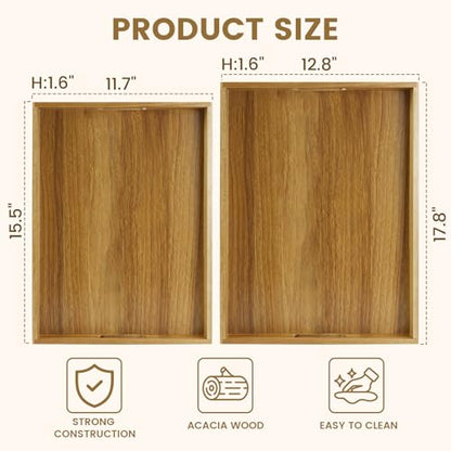 Serving Tray with Handles, Acacia Wood Serving Platters, Set of 2 Rustic Decorative Storage Tray for Coffee Table, Party, Ottoman, Kitchen, Bedroom, Bathroom, Ideal Housewarming Gift