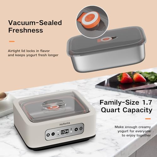 Hofenta 1.7 Quart Yogurt Maker with Stainless Steel Bowl, 9 Glass Jars, Digital Timer, Temperature Control, BPA-Free, Easy-to-Use, Family-Sized for Homemade Probiotic Yogurt, Dishwasher Safe
