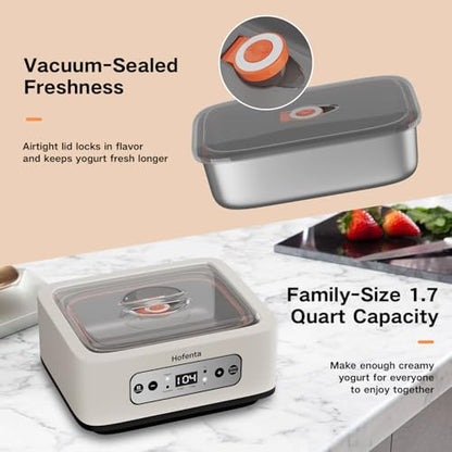 Hofenta 1.7 Quart Yogurt Maker with Stainless Steel Bowl, 9 Glass Jars, Digital Timer, Temperature Control, BPA-Free, Easy-to-Use, Family-Sized for Homemade Probiotic Yogurt, Dishwasher Safe