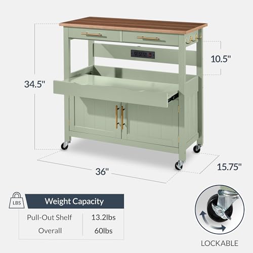 Best Choice Products 36in Large Rolling Kitchen Island Cart, 2-Door Cabinet, 2 Drawers, Pull-Out Shelf, Power Outlet, Hooks, & Swivel Lockable Wheels - Pistachio Green