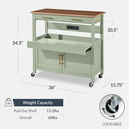 Best Choice Products 36in Large Rolling Kitchen Island Cart, 2-Door Cabinet, 2 Drawers, Pull-Out Shelf, Power Outlet, Hooks, & Swivel Lockable Wheels - Pistachio Green