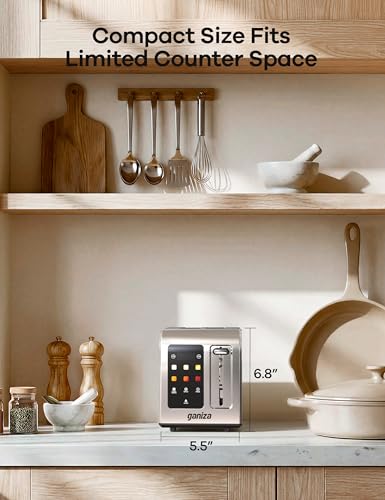 Ganiza Smart Toaster 2 Slice with Touchscreen, Digital Countdown Timer, Touch Screen Toaster Wide Slot, Full Stainless Steel, Defrost Reheat Cancel, +/-10s Fine-Tune, Removable Crumb Tray, Max 925W