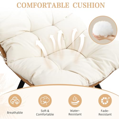 Vongrasig Swivel Wicker Chair PE Rattan Chair with Cushion, Oversized Patio Lounge Chair for Outdoor, Indoor, Balcony, Backyard, Garden, Living Room, Beige