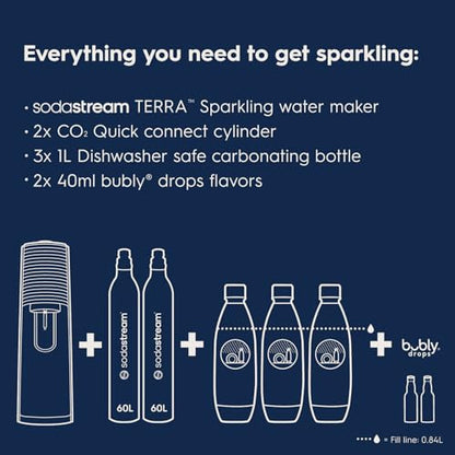 SodaStream Terra Sparkling Water Maker Bundle (Red), with CO2, Dishwasher Safe Bottles, and Bubly Drops Flavors