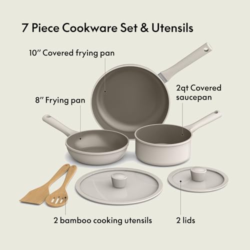 bella 7 Piece Cookware Set with EverGood™ Ceramic Nonstick Coating, Dishwasher Safe Oven Safe, All Stovetops Compatible, Glass Lids with Silicone Rims, Cool Touch Handles, Oatmilk
