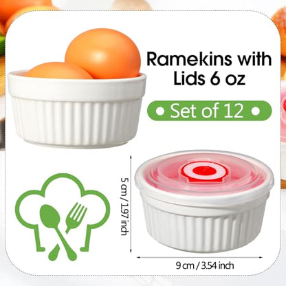 LOYIM 12 Pack 6 oz Ramekins with Lids Oven Safe Porcelain Creme Brulee Ramekins with Covers White Pudding Custard Cups Stackable Ramekins Ceramic Bowls for Baking Dishwasher Ice Cream Serving Dip