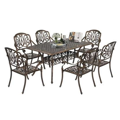 VINGLI 7-Piece Outdoor Dining Set, Cast Aluminum Patio Furniture Set for 6 with Umbrella Hole, Rectangular Outdoor Dining Table & 6 Stackable Chairs, All-Weather Garden/Poolside Dining Set Bronze