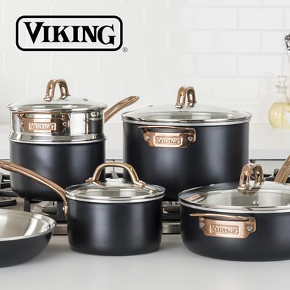 Viking 3 Ply Pots and Pans Set, 11 Piece Stainless Steel Kitchen Cookware with Glass Lids, Black with Copper