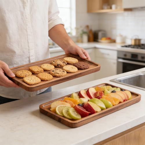 VERTORGAN 2 Pack Acacia Wood Serving Tray,9.8x5.9 Inch Decorative Trays Platter for Coffee Table,Living Room,Bar,Party,Mini Charcuterie Boards Cheese Board,Home Decor