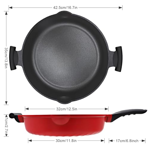 AIKENBBKK Frying Pan Skillet Nonstick with Lid, 14 Inch Large Deep Saute Pan, Big Induction Pan Non Stick, 2-1 Cooking Cookware with Helper Handle, Family Size, Suitable for All Stoves, PFOA-Free, Red