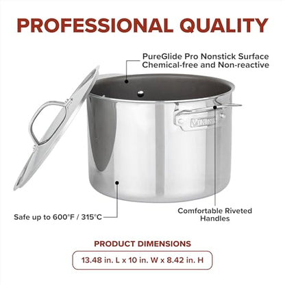 Viking PureGlide Pro 3-Ply Nonstick Stock Pot, Made without PFAS, 8-Quart Induction Soup and Pasta Cooking Pot with Lid, Metal Utensil Safe Titanium Nonstick Surface, Oven Safe to 600F