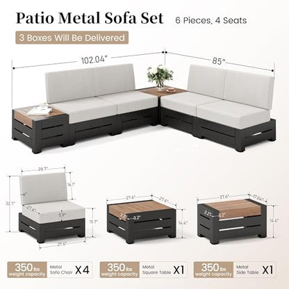 SUNSHINE VALLEY Upgraded 6-Piece Metal Patio Furniture Set with 5.9" Thick Cushion, Outdoor Sectional Furniture Conversation Set with Coffee Table & Side Table, Patio Modular L Shape Sofa for Backyard