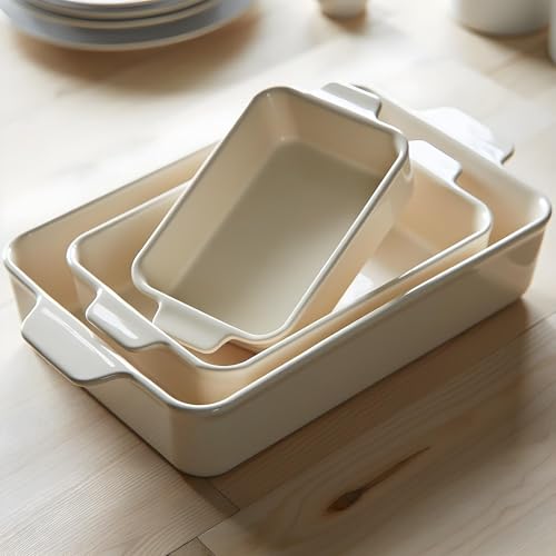 Kook Ceramic Bakeware Set, Rectangular Baking Dishes, For Casseroles, Lasagna, Cake, Small, Medium & Large Pans, Microwave & Dishwasher Safe, Set of 3, (Ivory)