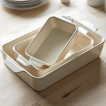 Kook Ceramic Bakeware Set, Rectangular Baking Dishes, For Casseroles, Lasagna, Cake, Small, Medium & Large Pans, Microwave & Dishwasher Safe, Set of 3, (Ivory)