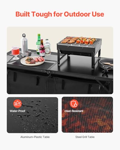 VEVOR Camping Kitchen Table, Folding Outdoor Cooking Table, 3 Adjustable Heights, Aluminum Lightweight Portable Cook Station with Storage Organizer, Carry Handle, for BBQ Party Picnic RV Travel, Black