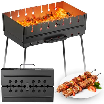 MHH Charcoal Grill for 8 Skewers - Portable Barbecue 16.9""×11.8""×21,2"" Kabob Camp Grills - Foldable Metal Mangal - Kebab Shish - BBQ for EDC Picnic Outdoor Cooking (Skewers Not Included)