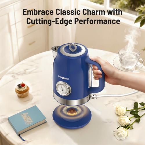 Electric Tea Kettle Retro‑Blue, 57oz Hot Water Pot with Thermometer