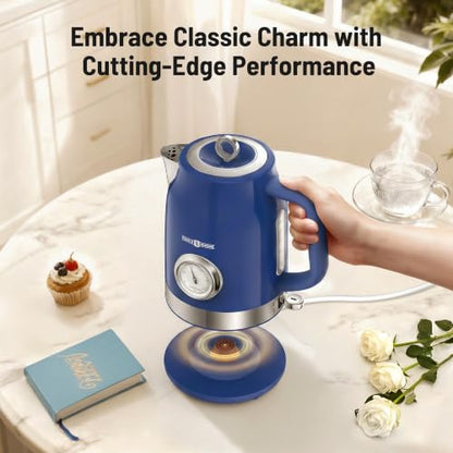Electric Tea Kettle Retro‑Blue, 57oz Hot Water Pot with Thermometer