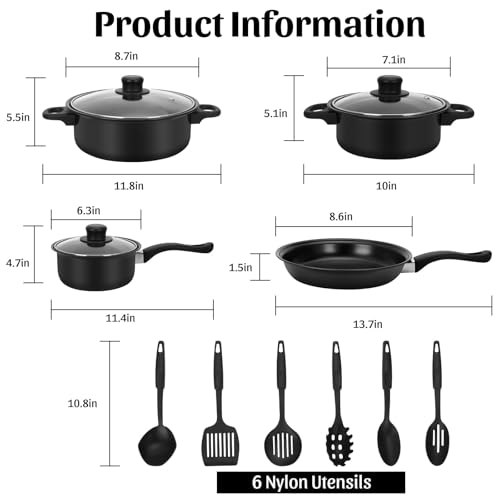 Non-Stick Cookware Set, 13 Piece Set Portable Lightweight Cast Iron Pots and Pans with Glass Lids and Nylon Utensils for Outdoor Camping Picnic Travel Cookware Black