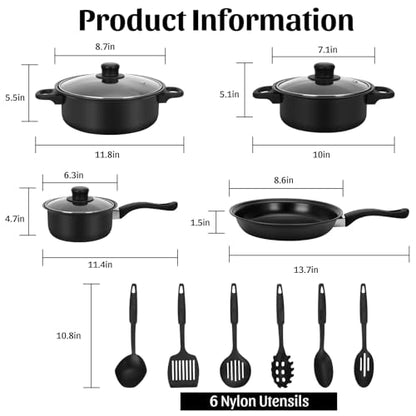 Non-Stick Cookware Set, 13 Piece Set Portable Lightweight Cast Iron Pots and Pans with Glass Lids and Nylon Utensils for Outdoor Camping Picnic Travel Cookware Black