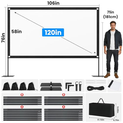 120inch Projector Screen with Stand: Portable Projector Screen Outdoor Indoor Front/Rear16:9 4K HD with Carry Bag, Sandbag - Lightweight Movie Screen for Backyard, Camping, Theater