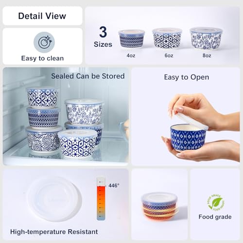Selamica Ramekins with Lids, 8 oz Oven Safe Creme Brulee Ramekins with Covers, Souffle Dishes Pudding Custard Cups, Stackable Ceramic Small Ramekin Bowls Set for Baking, Dipping, Ice Cream, Set of 6, Vintage Blue