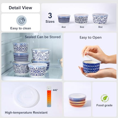 Selamica Ramekins with Lids, 8 oz Oven Safe Creme Brulee Ramekins with Covers, Souffle Dishes Pudding Custard Cups, Stackable Ceramic Small Ramekin Bowls Set for Baking, Dipping, Ice Cream, Set of 6, Vintage Blue