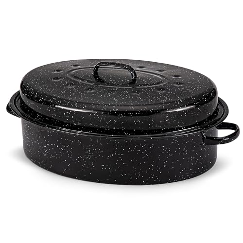 Alpine Cuisine Enamel Oval Roaster | Carbon Steel Oval Roasting Pan 18x14-Inch | Non-Stick Marble Coating with Lid | Oven & Dishwasher Safe | Even Heat Distribution | Ideal for Large & Small Servings