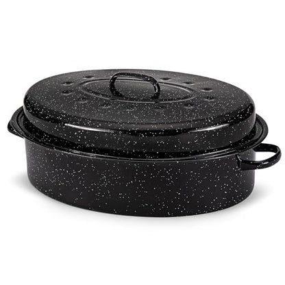 Alpine Cuisine Enamel Oval Roaster | Carbon Steel Oval Roasting Pan 18x14-Inch | Non-Stick Marble Coating with Lid | Oven & Dishwasher Safe | Even Heat Distribution | Ideal for Large & Small Servings