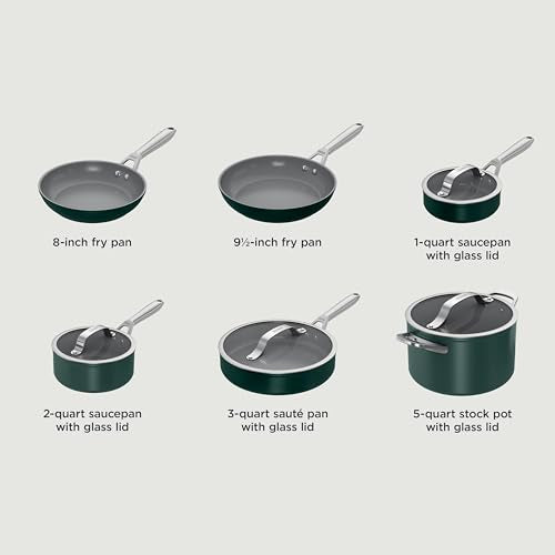 Ninja Ceramic Pro 10-Piece Cookware Set, NonStick Pots & Pans Set with Glass Lids, Nontoxic, PTFE Free, Ceramic Coated, Oven Safe, All Stovetops & Induction Compatible, British Racing Green, CW39010GN