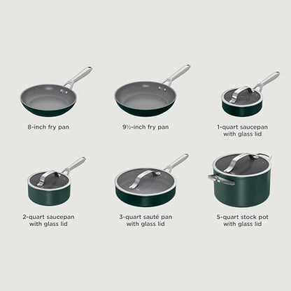 Ninja Ceramic Pro 10-Piece Cookware Set, NonStick Pots & Pans Set with Glass Lids, Nontoxic, PTFE Free, Ceramic Coated, Oven Safe, All Stovetops & Induction Compatible, British Racing Green, CW39010GN