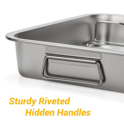 Tifanso Stainless Steel Roasting Pan - Heavy Duty Turkey Roasting Baking Broiler Oven Pan with Rack and Handle for Oven, High Sided Easy to Clean Induction Roast Tray for Chicken, Vegetable, Lasagna