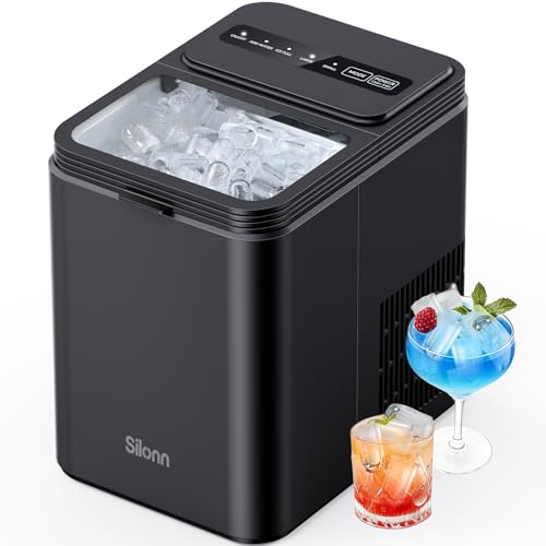 Silonn Ice Maker Countertop, 8 Cubes in 6 Mins, 26.5 lbs/24H, 2 Ice Sizes, Self-Cleaning Bullet Ice Maker, Portable Ice Machine for Kitchen, Office, Party, RV Camping