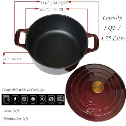 La Cuisine Enameled Cast Iron Dutch Oven Casserole Dish Pot with Lid, 5 QT 10.3“ /26cm Dia. Internal Matt Black Enamel Coating Gold-Plated SS Lid Handle Oven Safe up to 500° F, Cranberry