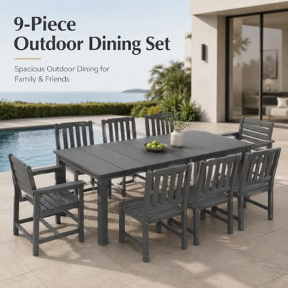 Kingdura 9 Piece Patio Dining Set for 8, All-Weather HDPE Patio Furniture, Ergonomic Chairs and 75.2'' Large Table Set with Built-in Umbrella Hole, UV-Resistant for Backyard, Deck, Poolside