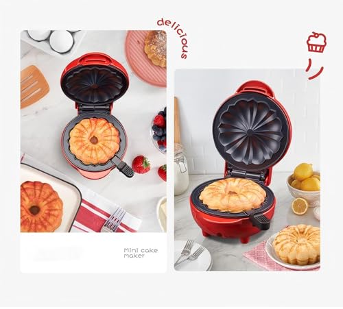 Cake Maker Machine for Lava Cake, Mini Donuts, Waffles, Pancakes - Breakfast, Snacks, Desserts - Non-stick Surface, Double-sided Heating, Red