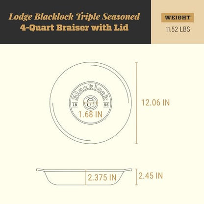 Lodge Blacklock 17 Triple Seasoned Cast Iron Braiser with Lid - Dutch Oven with Nonstick Finish - Lightweight Cast Iron Braiser - Dutch Oven Cookware - Cooking Pot with High-Heat Aluminum Knob