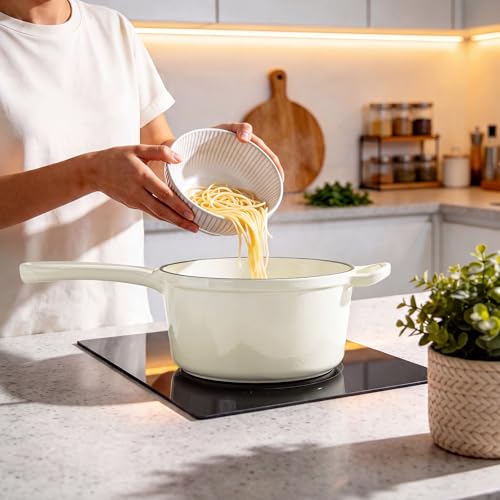 1Qt Enameled Cast Iron Sauce Pan, Leonyo Dutch Oven Pot with Lid, Non Stick Cooking Simmer Pots Induction Kitchen Cookware for All Cooktops Baking Bread, Soup, Ramen - Up to 500°F, Cream White