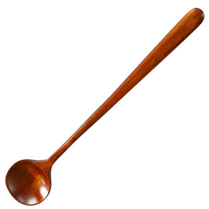 Long Soup Spoons, 1 Pieces Korean Style 11 Inches 100% Natural Wood Long Handle Round Spoons for Soup Mixing Stirrer Kitchen Tools Utensils