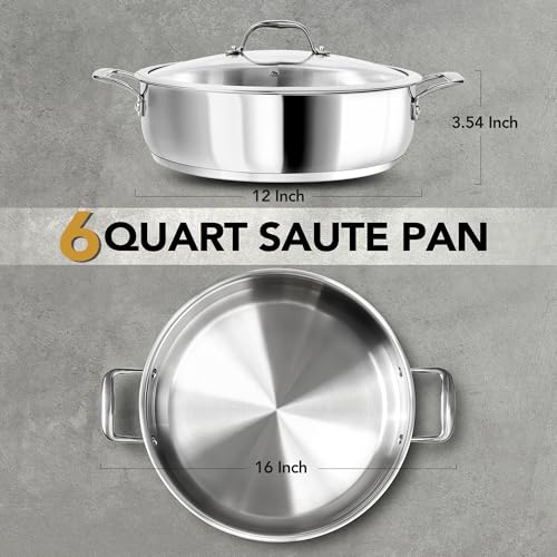 MICHELANGELO 12 Inch Stainless Steel Pan with Lid - Large Saute Pan with Lid, Deep Frying Pan Dishwasher & Oven-Safe, All Cooktops Compatible, 6 Quart